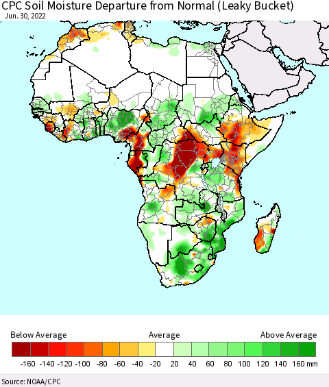 Africa CPC Calculated Soil Moisture Anomaly (Leaky Bucket) Thematic Map For 6/26/2022 - 6/30/2022