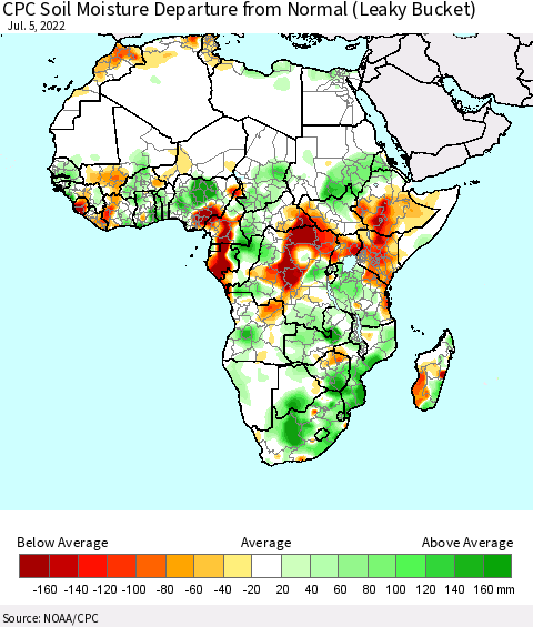 Africa CPC Soil Moisture Departure from Normal (Leaky Bucket) Thematic Map For 7/1/2022 - 7/5/2022