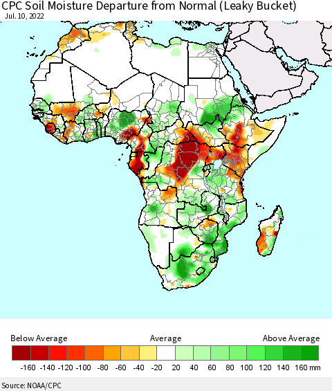 Africa CPC Soil Moisture Departure from Normal (Leaky Bucket) Thematic Map For 7/6/2022 - 7/10/2022