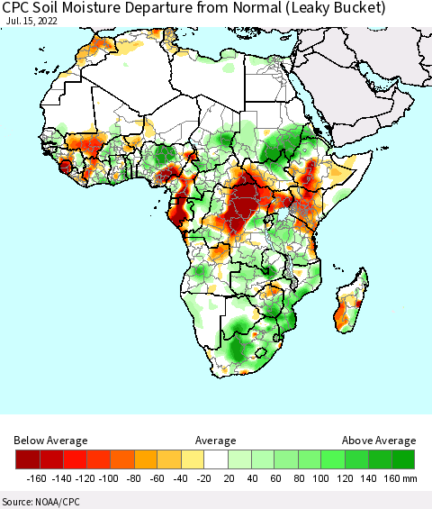 Africa CPC Calculated Soil Moisture Anomaly (Leaky Bucket) Thematic Map For 7/11/2022 - 7/15/2022