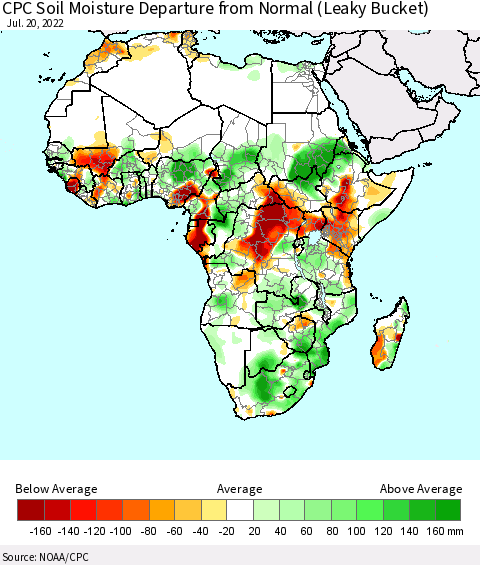 Africa CPC Soil Moisture Departure from Normal (Leaky Bucket) Thematic Map For 7/16/2022 - 7/20/2022