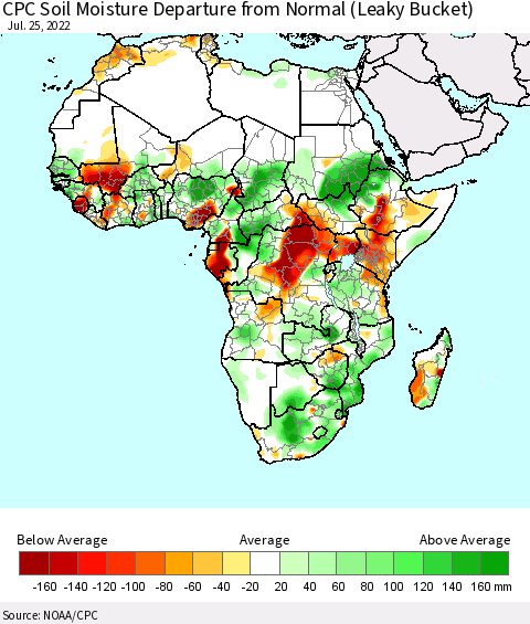 Africa CPC Calculated Soil Moisture Anomaly (Leaky Bucket) Thematic Map For 7/21/2022 - 7/25/2022