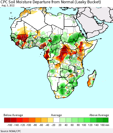 Africa CPC Calculated Soil Moisture Anomaly (Leaky Bucket) Thematic Map For 8/1/2022 - 8/5/2022