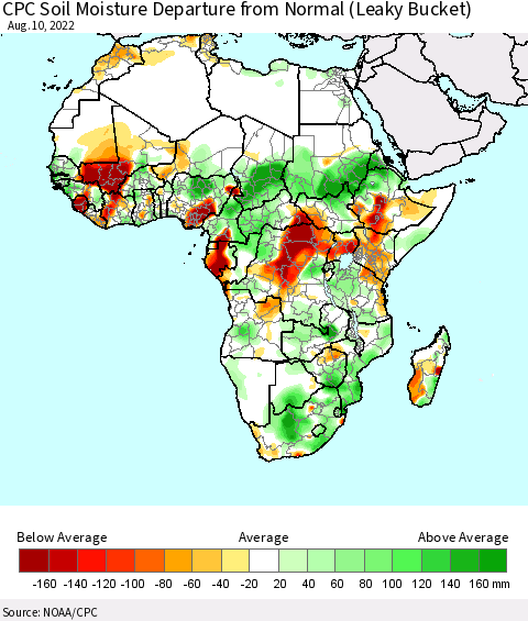 Africa CPC Calculated Soil Moisture Anomaly (Leaky Bucket) Thematic Map For 8/6/2022 - 8/10/2022