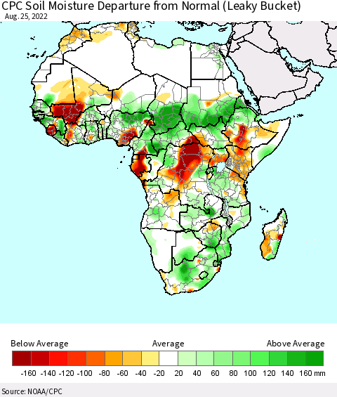 Africa CPC Soil Moisture Departure from Normal (Leaky Bucket) Thematic Map For 8/21/2022 - 8/25/2022