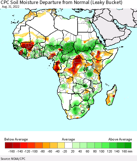 Africa CPC Calculated Soil Moisture Anomaly (Leaky Bucket) Thematic Map For 8/26/2022 - 8/31/2022