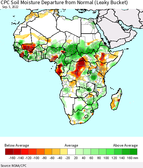 Africa CPC Calculated Soil Moisture Anomaly (Leaky Bucket) Thematic Map For 9/1/2022 - 9/5/2022