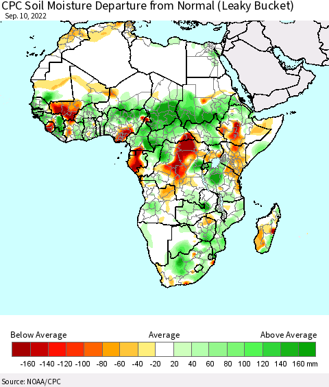 Africa CPC Soil Moisture Departure from Normal (Leaky Bucket) Thematic Map For 9/6/2022 - 9/10/2022