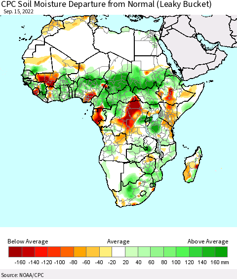 Africa CPC Soil Moisture Departure from Normal (Leaky Bucket) Thematic Map For 9/11/2022 - 9/15/2022