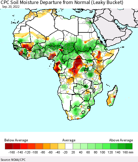 Africa CPC Calculated Soil Moisture Anomaly (Leaky Bucket) Thematic Map For 9/16/2022 - 9/20/2022
