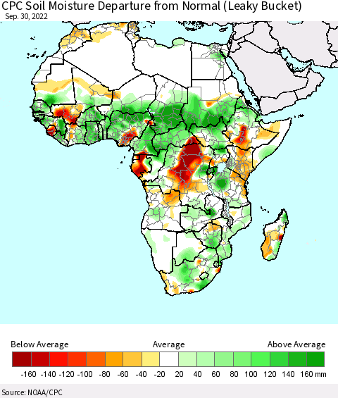 Africa CPC Calculated Soil Moisture Anomaly (Leaky Bucket) Thematic Map For 9/26/2022 - 9/30/2022