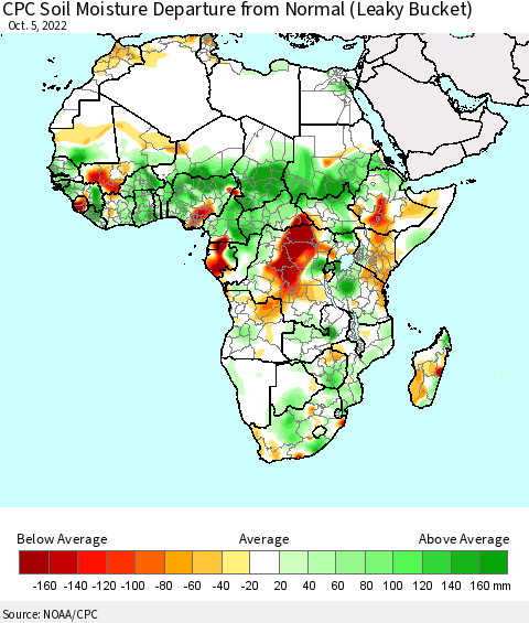 Africa CPC Calculated Soil Moisture Anomaly (Leaky Bucket) Thematic Map For 10/1/2022 - 10/5/2022