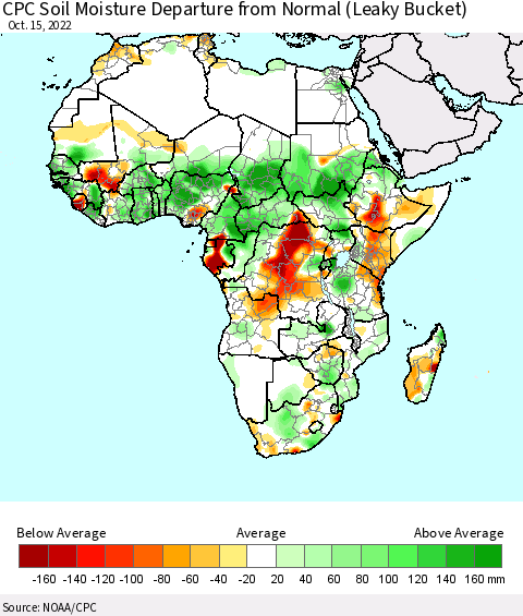 Africa CPC Calculated Soil Moisture Anomaly (Leaky Bucket) Thematic Map For 10/11/2022 - 10/15/2022