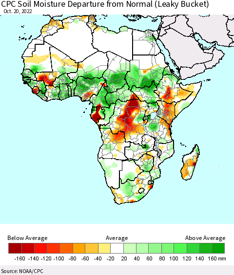 Africa CPC Soil Moisture Departure from Normal (Leaky Bucket) Thematic Map For 10/16/2022 - 10/20/2022