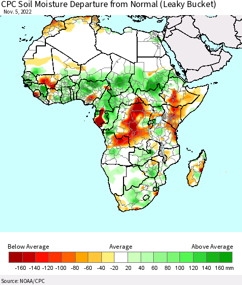 Africa CPC Calculated Soil Moisture Anomaly (Leaky Bucket) Thematic Map For 11/1/2022 - 11/5/2022