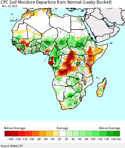 Africa CPC Calculated Soil Moisture Anomaly (Leaky Bucket) Thematic Map For 11/6/2022 - 11/10/2022