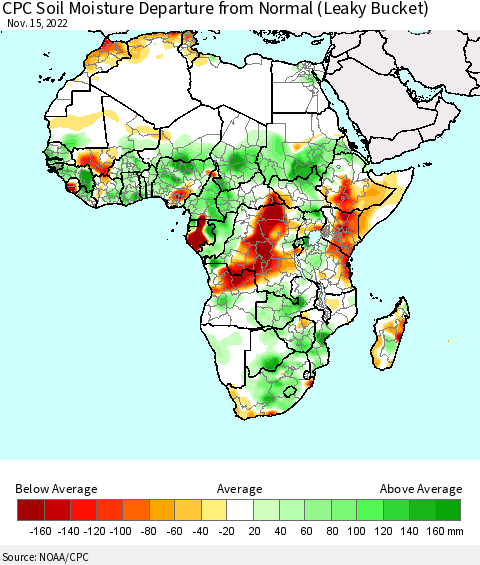 Africa CPC Calculated Soil Moisture Anomaly (Leaky Bucket) Thematic Map For 11/11/2022 - 11/15/2022