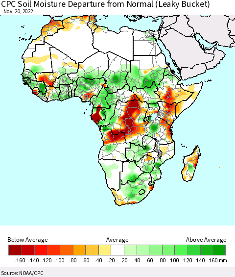 Africa CPC Soil Moisture Departure from Normal (Leaky Bucket) Thematic Map For 11/16/2022 - 11/20/2022