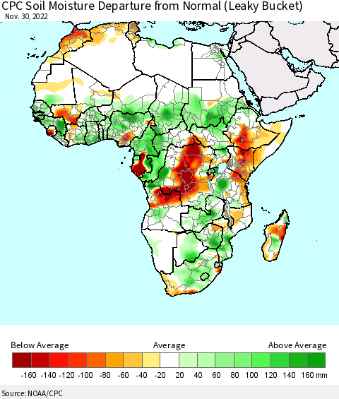 Africa CPC Calculated Soil Moisture Anomaly (Leaky Bucket) Thematic Map For 11/26/2022 - 11/30/2022