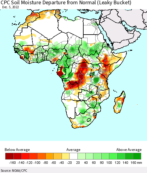 Africa CPC Soil Moisture Departure from Normal (Leaky Bucket) Thematic Map For 12/1/2022 - 12/5/2022