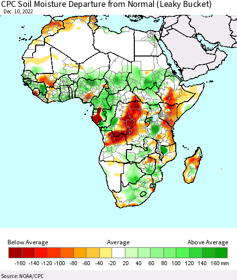 Africa CPC Soil Moisture Departure from Normal (Leaky Bucket) Thematic Map For 12/6/2022 - 12/10/2022