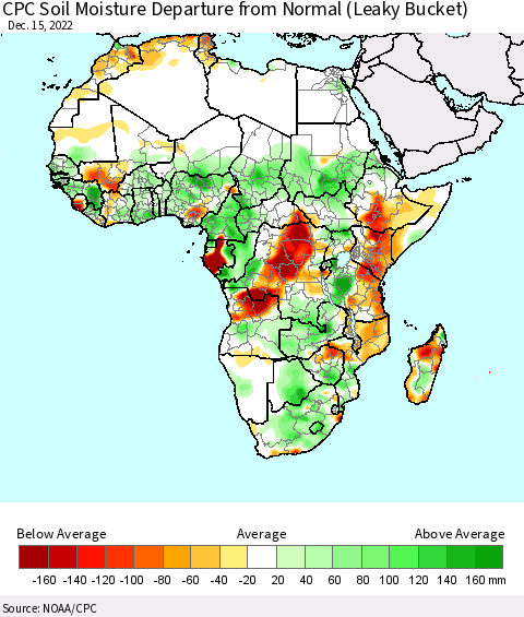 Africa CPC Soil Moisture Departure from Normal (Leaky Bucket) Thematic Map For 12/11/2022 - 12/15/2022