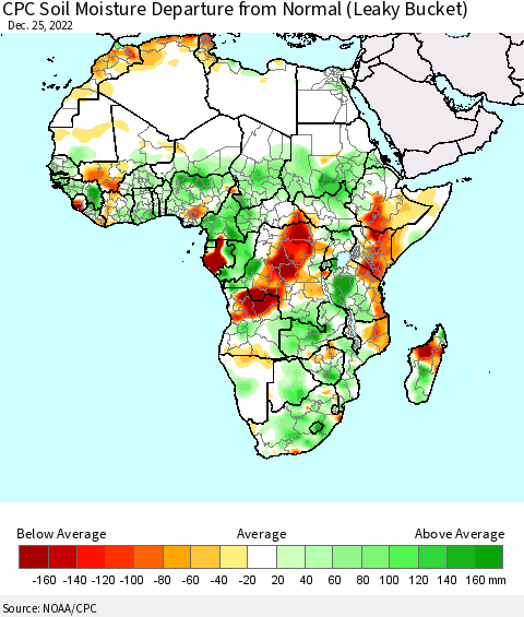 Africa CPC Calculated Soil Moisture Anomaly (Leaky Bucket) Thematic Map For 12/21/2022 - 12/25/2022