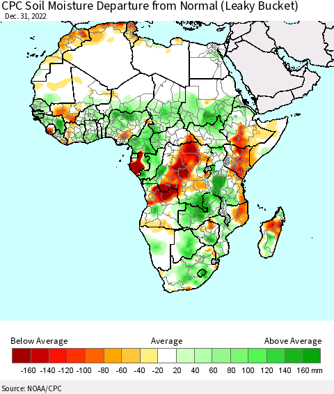 Africa CPC Calculated Soil Moisture Anomaly (Leaky Bucket) Thematic Map For 12/26/2022 - 12/31/2022