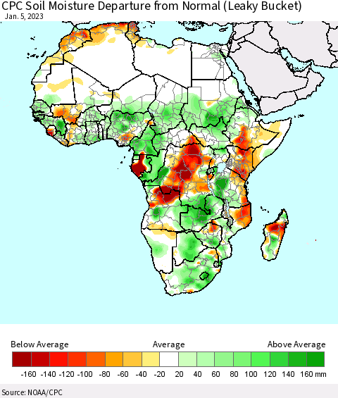 Africa CPC Calculated Soil Moisture Anomaly (Leaky Bucket) Thematic Map For 1/1/2023 - 1/5/2023