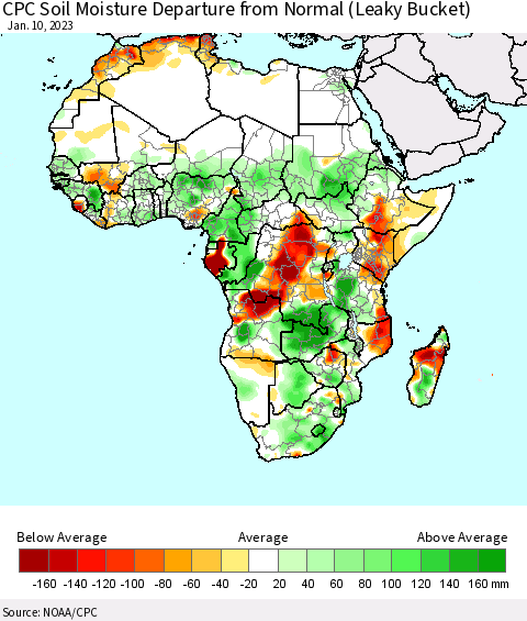 Africa CPC Soil Moisture Departure from Normal (Leaky Bucket) Thematic Map For 1/6/2023 - 1/10/2023
