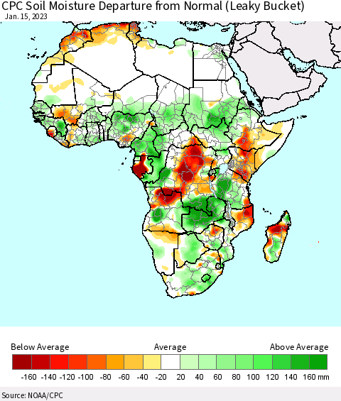Africa CPC Soil Moisture Departure from Normal (Leaky Bucket) Thematic Map For 1/11/2023 - 1/15/2023
