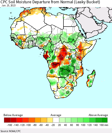 Africa CPC Calculated Soil Moisture Anomaly (Leaky Bucket) Thematic Map For 1/21/2023 - 1/25/2023