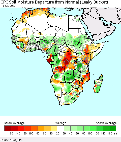 Africa CPC Calculated Soil Moisture Anomaly (Leaky Bucket) Thematic Map For 2/1/2023 - 2/5/2023