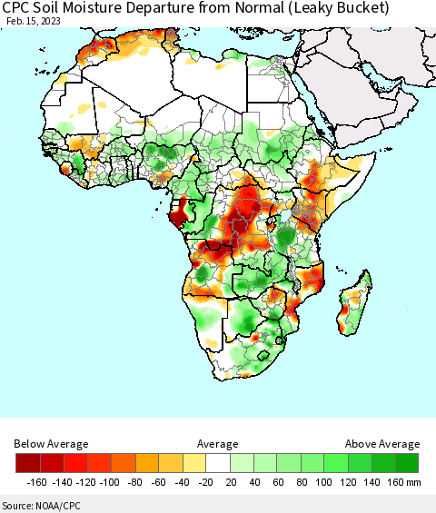 Africa CPC Calculated Soil Moisture Anomaly (Leaky Bucket) Thematic Map For 2/11/2023 - 2/15/2023