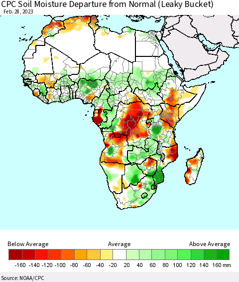 Africa CPC Soil Moisture Departure from Normal (Leaky Bucket) Thematic Map For 2/26/2023 - 2/28/2023