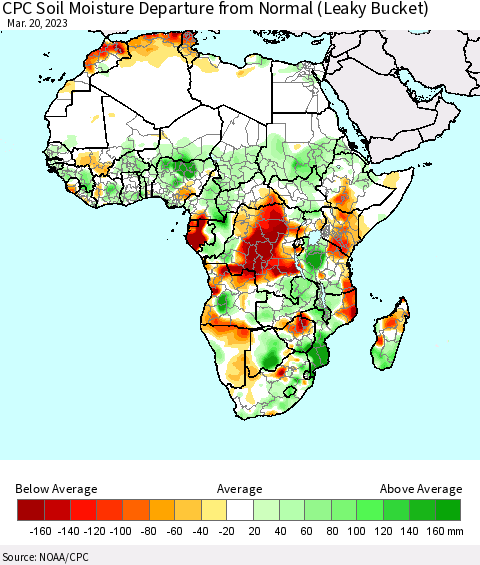 Africa CPC Soil Moisture Anomaly (Leaky Bucket) Thematic Map For 3/16/2023 - 3/20/2023