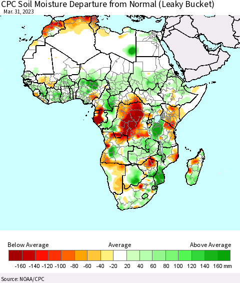 Africa CPC Calculated Soil Moisture Anomaly (Leaky Bucket) Thematic Map For 3/26/2023 - 3/31/2023