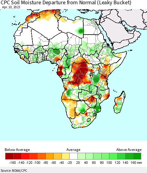 Africa CPC Soil Moisture Anomaly (Leaky Bucket) Thematic Map For 4/6/2023 - 4/10/2023