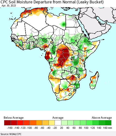 Africa CPC Calculated Soil Moisture Anomaly (Leaky Bucket) Thematic Map For 4/26/2023 - 4/30/2023