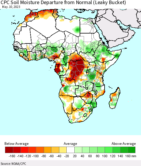 Africa CPC Soil Moisture Departure from Normal (Leaky Bucket) Thematic Map For 5/6/2023 - 5/10/2023