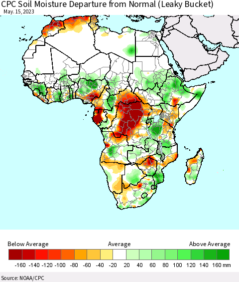 Africa CPC Calculated Soil Moisture Anomaly (Leaky Bucket) Thematic Map For 5/11/2023 - 5/15/2023