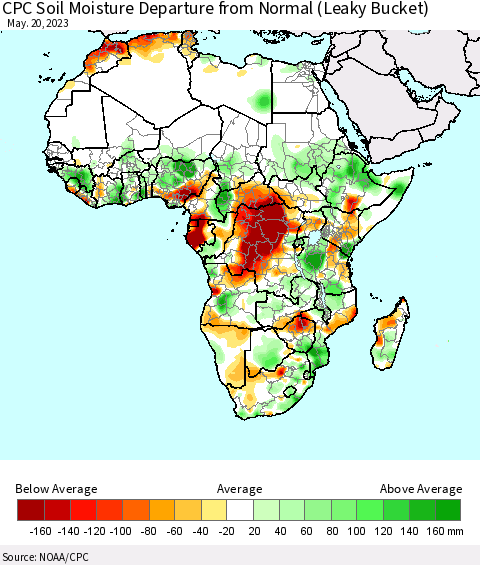 Africa CPC Calculated Soil Moisture Anomaly (Leaky Bucket) Thematic Map For 5/16/2023 - 5/20/2023