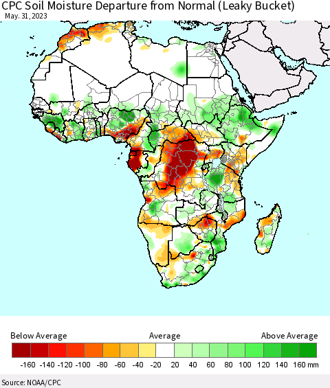Africa CPC Soil Moisture Departure from Normal (Leaky Bucket) Thematic Map For 5/26/2023 - 5/31/2023