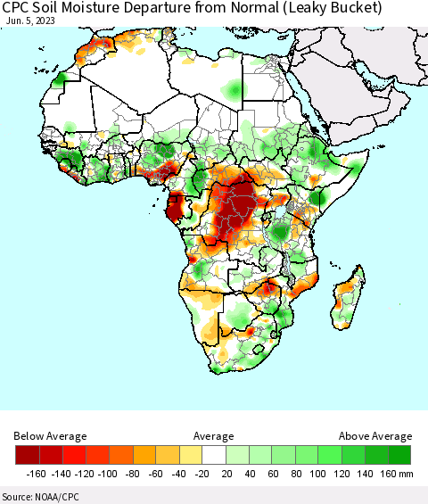 Africa CPC Soil Moisture Anomaly (Leaky Bucket) Thematic Map For 6/1/2023 - 6/5/2023