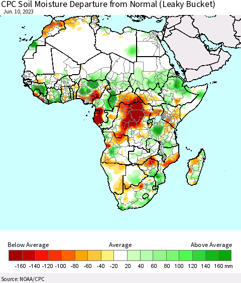 Africa CPC Soil Moisture Departure from Normal (Leaky Bucket) Thematic Map For 6/6/2023 - 6/10/2023