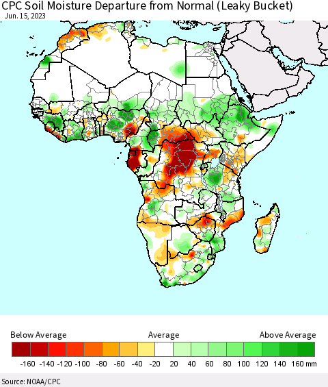 Africa CPC Soil Moisture Departure from Normal (Leaky Bucket) Thematic Map For 6/11/2023 - 6/15/2023