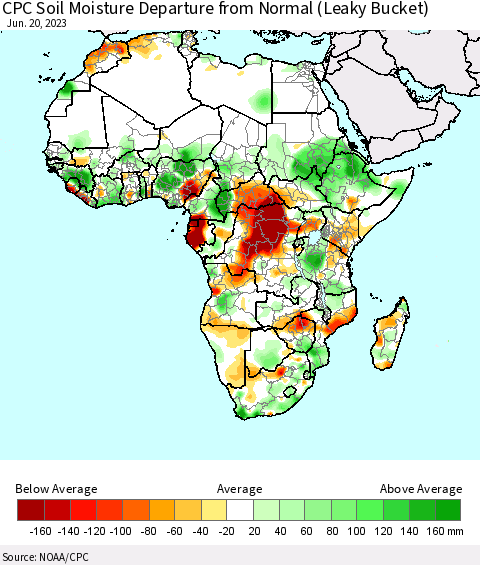 Africa CPC Soil Moisture Departure from Normal (Leaky Bucket) Thematic Map For 6/16/2023 - 6/20/2023