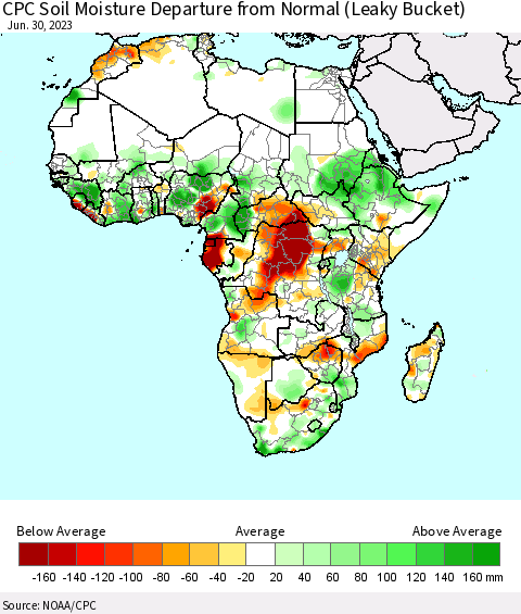 Africa CPC Soil Moisture Anomaly (Leaky Bucket) Thematic Map For 6/26/2023 - 6/30/2023