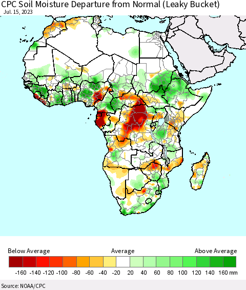 Africa CPC Soil Moisture Anomaly (Leaky Bucket) Thematic Map For 7/11/2023 - 7/15/2023