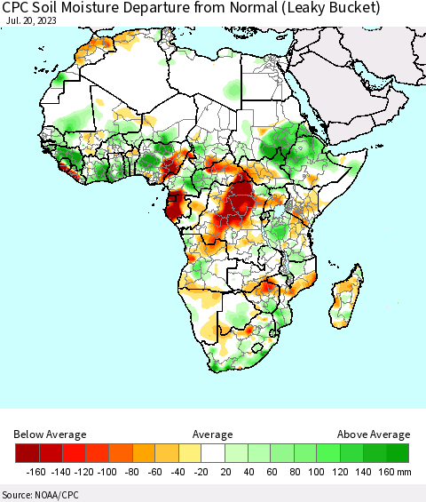 Africa CPC Soil Moisture Anomaly (Leaky Bucket) Thematic Map For 7/16/2023 - 7/20/2023